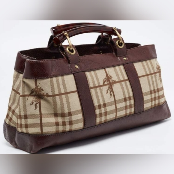 Burberry Brown/Beige Haymarket Check Canvas and Leather Middle Zip Tote - Picture 2 of 13